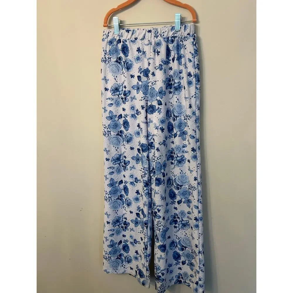Tahari Girls Blue White Floral 2 Pc Matching Set Peplum Top Wide Leg Pants Sz 12
